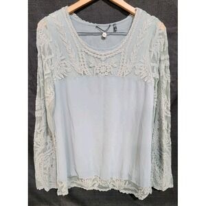 BKE Boutique Women's Sage Mint Top Bohemian Lace Long Sleeve Sz S 70s Vibe EUC